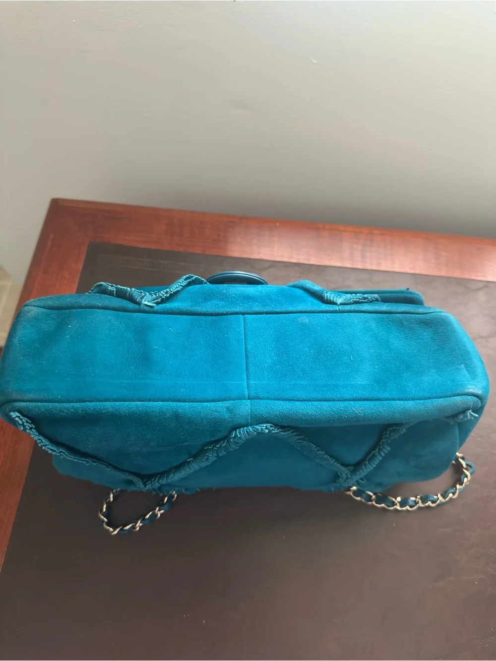 CHANEL Teal Suede Quilted Chain Shoulder Flap Bag